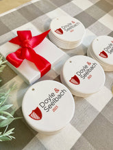 Load image into Gallery viewer, Bulk Order of Custom Logo Ornaments with a Gold String Hanger and Gift Box