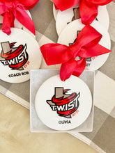 Load image into Gallery viewer, Bulk Order of Custom Logo Ceramic Ornaments with Satin Ribbon Hangers and Gift Boxes
