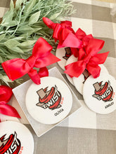 Load image into Gallery viewer, Bulk Order of Custom Logo Ceramic Ornaments with Satin Ribbon Hangers and Gift Boxes
