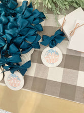 Load image into Gallery viewer, Bulk Order of Custom Logo Ceramic Ornaments with Satin Ribbon Hangers and Gift Boxes
